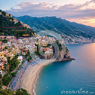Panoramic view, aerial skyline of small haven of Amalfi village with tiny beach and colorful houses, located on rock, Stock Photo