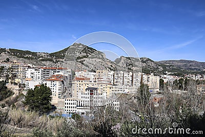 Panoramic view of Alcoy city and Sierra de Mariola in the background Stock Photo