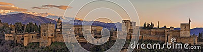 Panoramic view of Alhambra Palace from San Nicolas viewpoint sunset (Granada, Spain) Editorial Stock Photo