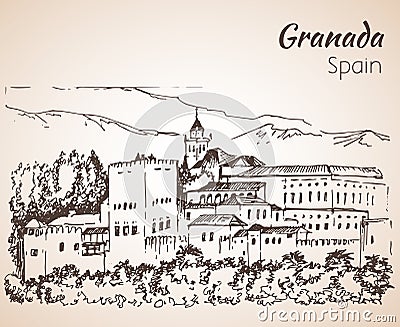 Panoramic view of the Alhambra with Sierra Nevada in the background. Vector Illustration