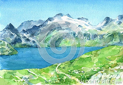 Panoramic view of Alps with fresh green meadows and lake on the foreground. Cartoon Illustration