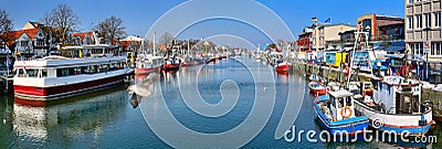 Panoramic view of the Alter Strom - Old Channel of WarnemÃ¼nde Mecklenburg-Vorpommern, Germany Editorial Stock Photo