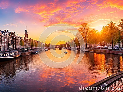 Panoramic view of Amsterdam at sunrise Stock Photo