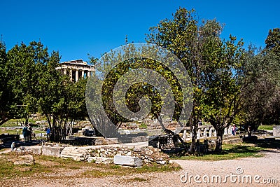 Panoramic view of ancient Athenian Agora archeological area with Temple of Hephaistos - Hephaisteion in Athens, Greece Editorial Stock Photo