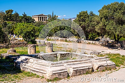 Panoramic view of ancient Athenian Agora archeological area with Temple of Hephaistos - Hephaisteion in Athens, Greece Editorial Stock Photo