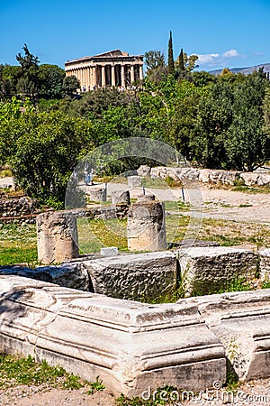 Panoramic view of ancient Athenian Agora archeological area with Temple of Hephaistos - Hephaisteion in Athens, Greece Editorial Stock Photo