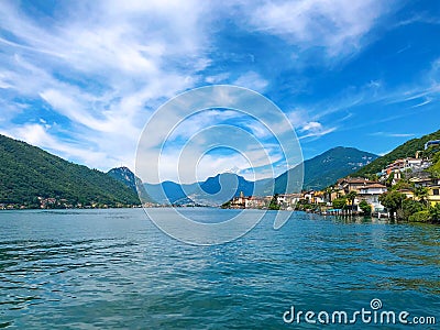 Panoramic view of traditional village Brusino Arsizio on the shore of Lake Lugano, in Switzerland. Stock Photo