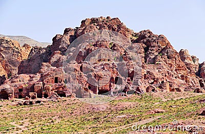 Panoramic View Ancient Nabataean Tombs in Petra, Jordan Stock Photo