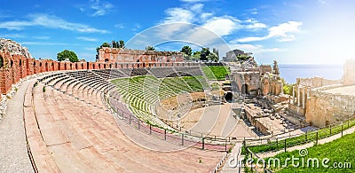 Panoramic view of the ancient theater of Taormina in Sicily Stock Photo