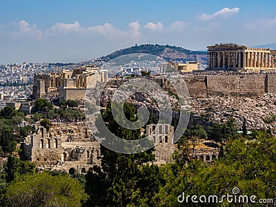 Panoramic view of Athens and Acropolis shot from Hill of Muses at clear summer day Stock Photo