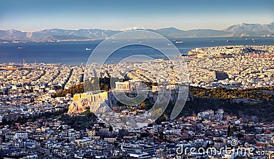 Panoramic view of Athens city from Lycabettus hill at sunrise To Acropolis, Greece Editorial Stock Photo