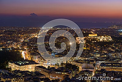 Panoramic view of Athens city from Lykavittos Hill at sunset time Editorial Stock Photo