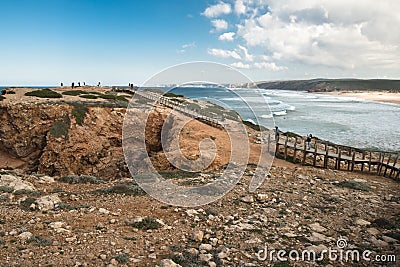 Panoramic view on atlantic coastline with broken wooden bridge Editorial Stock Photo