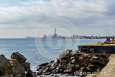 Panoramic view of Badalona, Barcelona, Spain. Skyline of the beach and the towers of the power plant Editorial Stock Photo