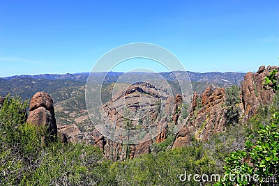 Landscape Panorama of Balconies Cave from High Peaks Trail, Pinnacles National Park, California, USA Stock Photo