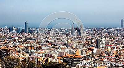 A panoramic view of Barcelona city, Catalonia, Spain. La Sagrada Familia seen Editorial Stock Photo