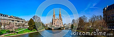 Panoramic view of beautiful church in Strasbourg from the river Stock Photo