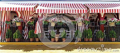 Panoramic view of Beautiful decorated Caseta `fair tent` at the April Fair Feria de Abril, Seville Fair Feria de Sevilla, Anda Stock Photo