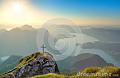 Panoramic view of beautiful landscape with Mondsee lake at sunset from Schafberg mountain in Salzkammergut, Austria Stock Photo