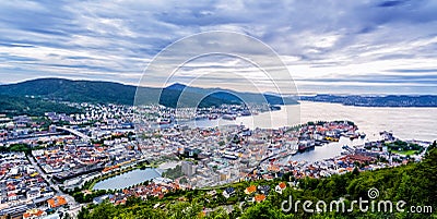 Panoramic view of Bergen and harbor from Mount Floyen, Bergen, N Stock Photo