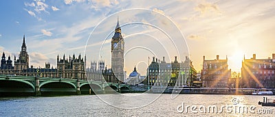 Panoramic view of Big Ben clock tower in London at sunset Stock Photo