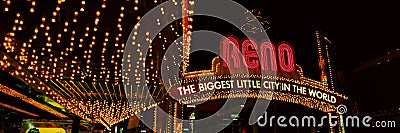 Panoramic view of Biggest Little City in America, Reno Nevada neon lights and casinos Editorial Stock Photo