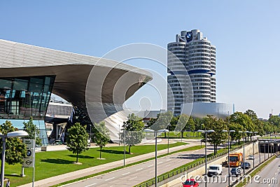 Panoramic view of BMW museum, BMW Welt and BMW Headquarters, Munich, Germany, March 2020. Editorial Stock Photo