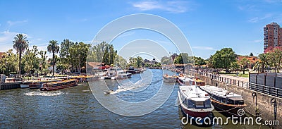 Panoramic view of Boats at Tigre River - Tigre, Buenos Aires, Argentina Stock Photo