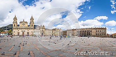 Panoramic view of Bolivar Square with Cathedral and Colombian National Capitol and Congress - Bogota, Colombia Editorial Stock Photo