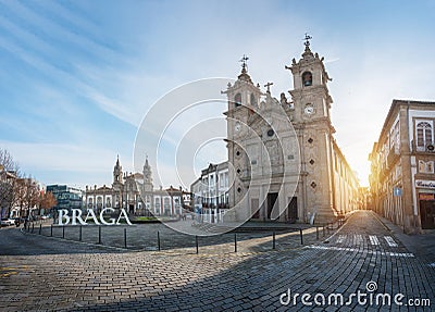 Panoramic view of Braga City Sign, Church of Sao Marcos and Holy Cross Church Igreja de Santa Cruz - Braga, Portugal Editorial Stock Photo