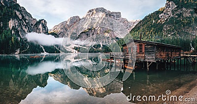 Panoramic view of Braies Lake in Dolomites, Italy Stock Photo