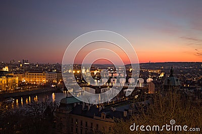 Panoramic view of the bridges of Prague at the sunset Czech Republic Stock Photo