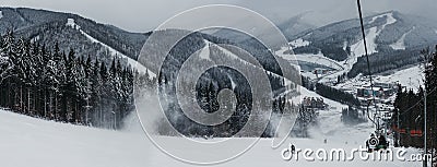 Panoramic view of Bukovel ski resort from ski lift, snow, mountains and trees on the background. Editorial Stock Photo