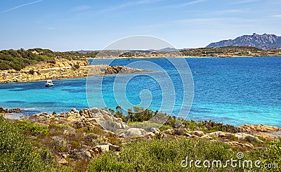 Panoramic view of Caprera Island and Spiaggia di Cala Portese harbor at the Tyrrhenian Sea coastline with La Maddalena archipelago Stock Photo