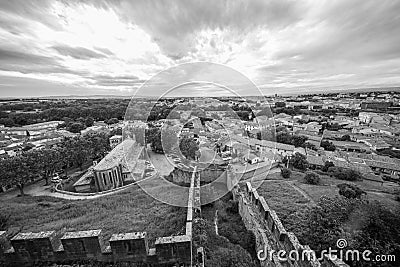 Panoramic View of Carcassonne City and Saint-Gimer Church Roof from its Medieval Citadel CitÃ© MÃ©diÃ©vale and Battlements in Stock Photo