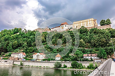 Panoramic view castle Veste Oberhaus on river Danube. Antique fortress in Passau, Lower Bavaria, Germany Editorial Stock Photo