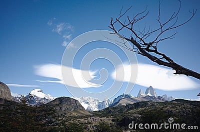 Panoramic view of Cerro Solo, Cerro Grande, Cerro El Doblado, Cerro Torre and mount Fitz Roy near El Chalten, Patagonia Andes Stock Photo