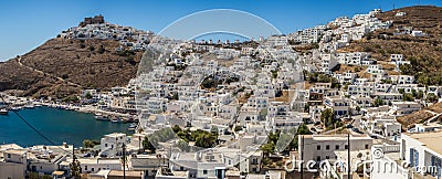 A panoramic view of the Chora of Astypalaia island with the harbor ,the castle and the windmills Stock Photo