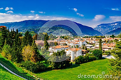View on the city of Bassano del Grappa and Alps, Vicenza, Italy. Stock Photo