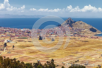 Panoramic view of the city of Copacabana on the coast of lake Titicaca, La Paz, Bolivia Stock Photo