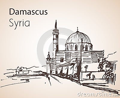 Panoramic view of city Damaskus, Sinan Pasha Mosque, Syria. Sketch. Vector Illustration