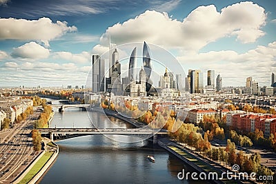 Panoramic view of the city of Frankfurt am Main, Germany, Moscow skyline with the historical architecture skyscraper and Moskva Stock Photo