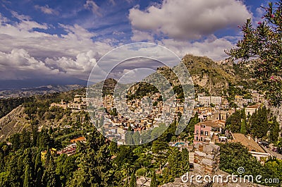 Panoramic view of the city of Taormina from its ancient Greek th Stock Photo