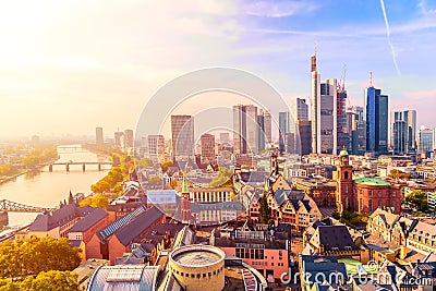 Panoramic view cityscape skyline of business district with skyscrapers during sunrise, Frankfurt am Main. Hessen, Germany Stock Photo