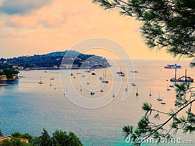 Panoramic view of coastline and beach luxury resort. Bay with yachts, Nice port, Villefranche-sur-Mer, Nice, Cote d`Azur, French Stock Photo