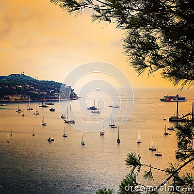Panoramic view of coastline and beach luxury resort. Bay with yachts, Nice port, Villefranche-sur-Mer, Nice, Cote d`Azur, French Stock Photo