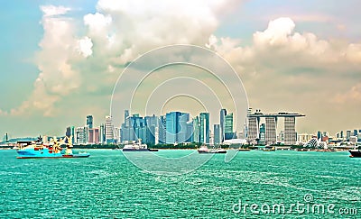 Panoramic view of the coastline of the city of Singapore from the sea and the strait. Editorial Stock Photo