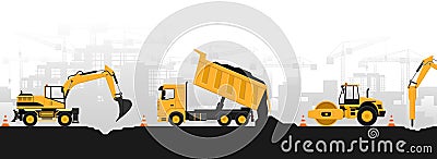 Panoramic view of construction work with yellow heavy duty machinery of hammer excavator, wheel excavator, truck and safety cone Vector Illustration