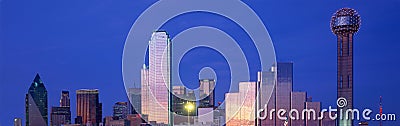 Panoramic View of Dallas, TX skyline at night with Reunion Tower Editorial Stock Photo