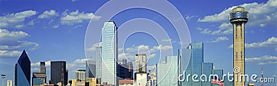 Panoramic View of Dallas, TX skyline at sunset with Reunion Tower Editorial Stock Photo